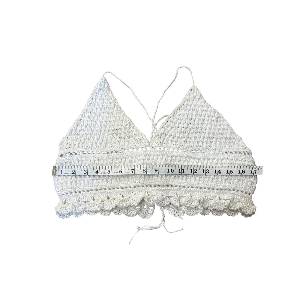 Handmade Crochet Iridescent White Crop Triangle Top L Festival Cottage Boho Knit - Picture 6 of 9